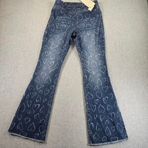 No Boundaries Women Bootcut Jeans Heart Print Size S 4-6 Dark Wash Stretch Denim